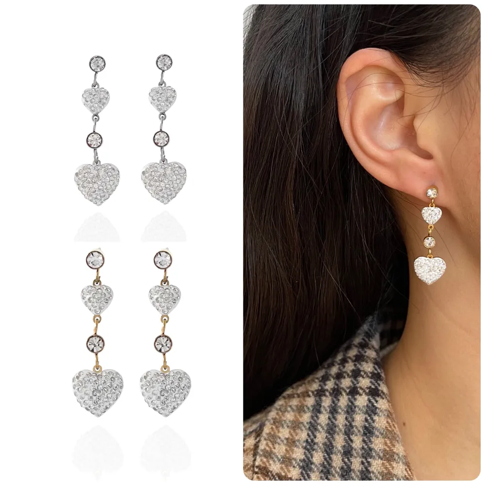 Doppio Cuore Pendente con Strass-Orecchini in Acciaio - OAP-413-1209 (Oro Giallo)