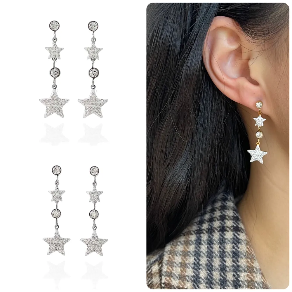 Doppia Stella con Strass-Orecchini in Acciaio - OAP-413-1210