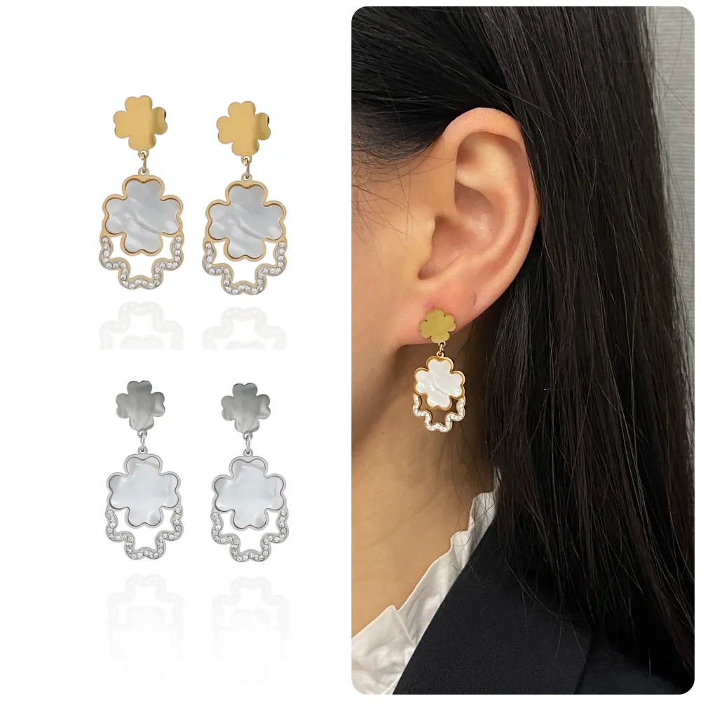 Quadrifoglio con pendente-Orecchini in Acciaio - OAP-413-1268 (Oro Giallo)