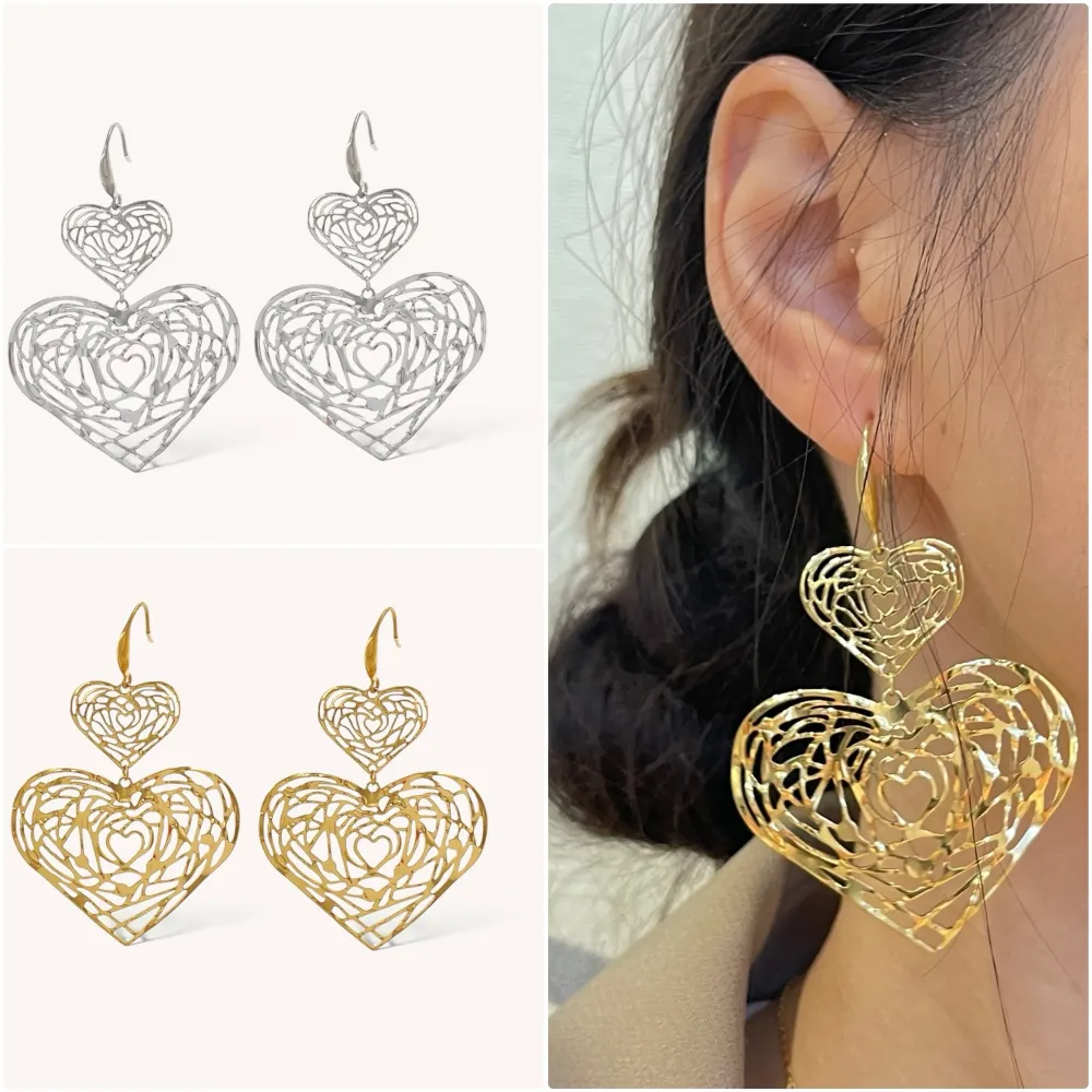 [OR-413-2415] Doppio Cuore -Orecchini in Acciaio - OR-413-2415 (Argento)