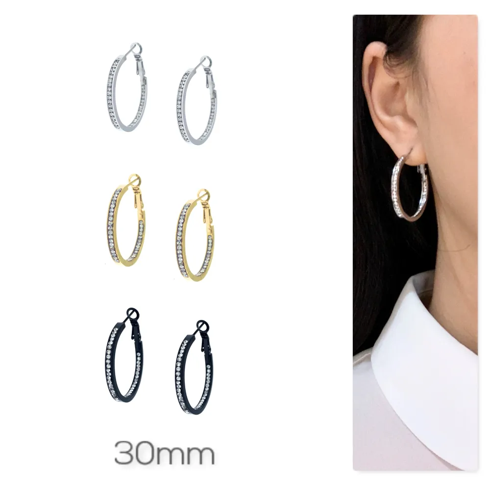 OAC7282-Doppio Strass 3cm - Orecchini a Cerchio in Acciaio - OAP-450-663 3cm Doppio Strass (Argento)