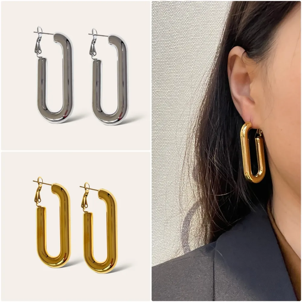 Cerchio Bombato Rettangolare -Orecchini in Acciaio - OAP-450-679 (Oro Giallo)