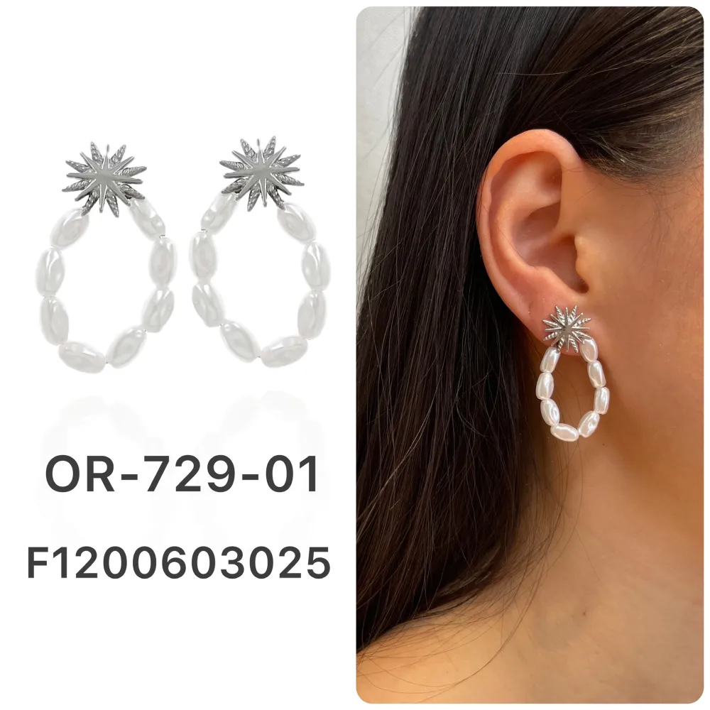 [OR-729-01] Croce Stella con Goccia di Perla-Orecchini in Acciaio - OAP-729-01 (Oro Giallo)