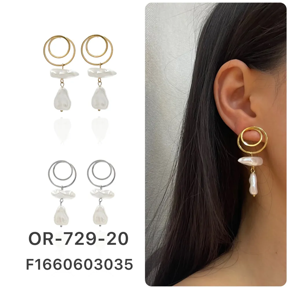 [OR-729-20] Doppio Cerchio con Perla-Orecchini in Acciaio - OAP-729-20 (Oro Giallo)
