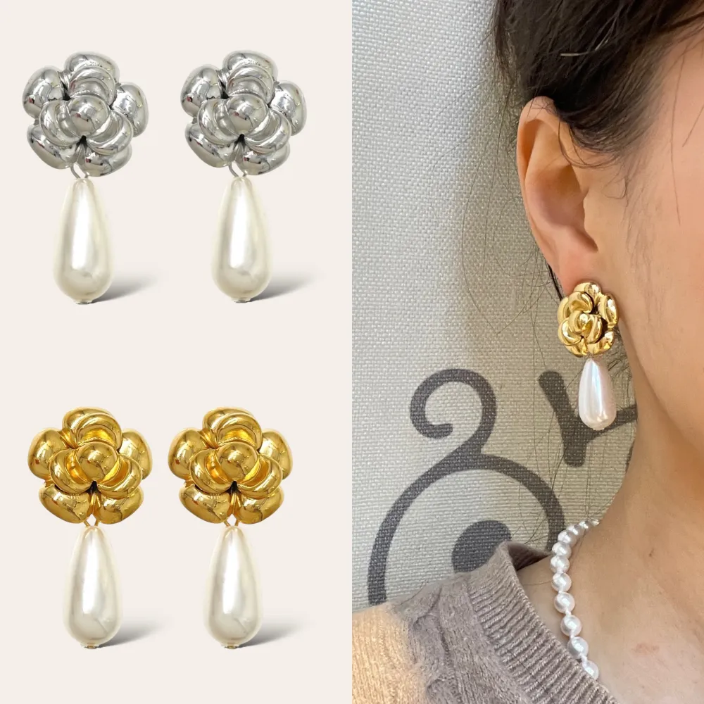 Fiore Rosa con Perla -Orecchini in Acciaio - OAP-732-360