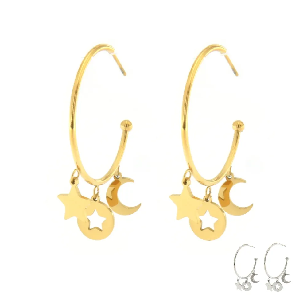 OAP6818-Stella- Orecchini a Cerchio con Pendenti in Acciaio - OAP6818-Stella- Orecchini a Cerchio con Pendenti in Acciaio