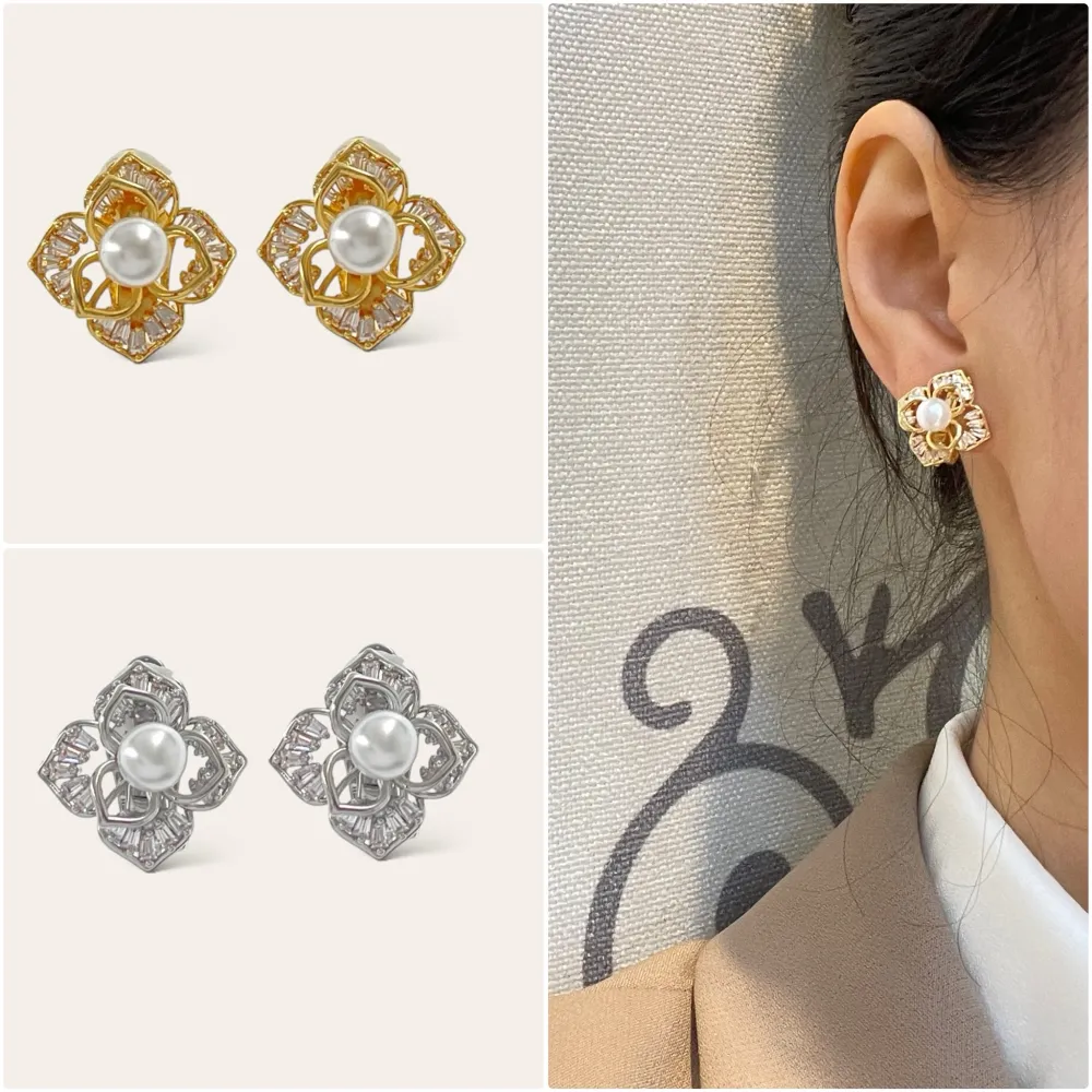 [OR-493-28] Fiore con perla-Orecchini a Clip con Zirconia - OMK-493-28 (Argento)
