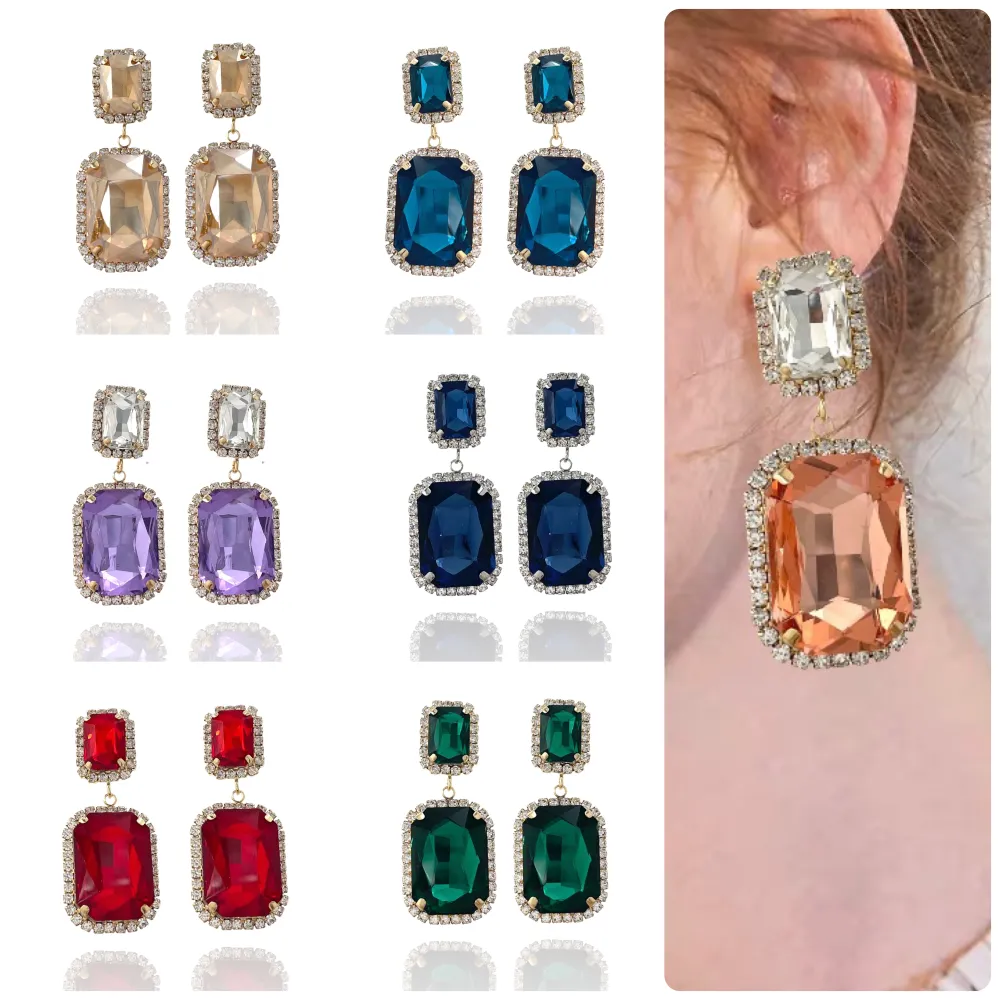 Doppio Pietra Rettangolare-Orecchini Moda Vetro - OMM-520-005