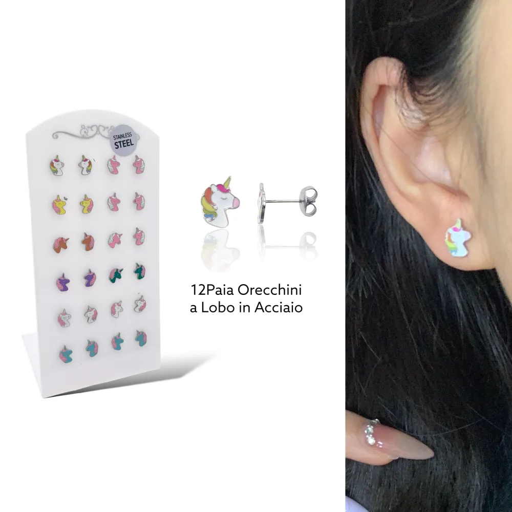 [OPA-103-AA2408E] Unicorno Smaltato-12Paia Orecchini a Lobo in Acciaio - OPA-103-AA2408E