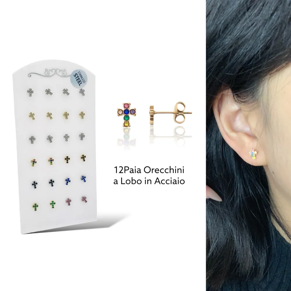 Croce Piccolo con Zirconia-12Paia Orecchini a Lobo in Acciaio - OPA-103-AA2409E