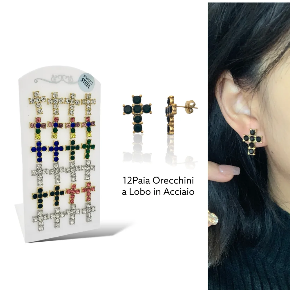 Croce con Strass-12Paia Orecchini a Lobo in Acciaio - OPA-103-AA2410E