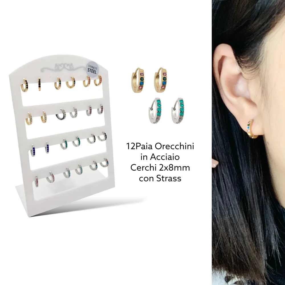 Cerchio 2x8mm con Strass Colorati-12Paia Orecchini in Acciaio - OPA-103-AA2458E 8mm