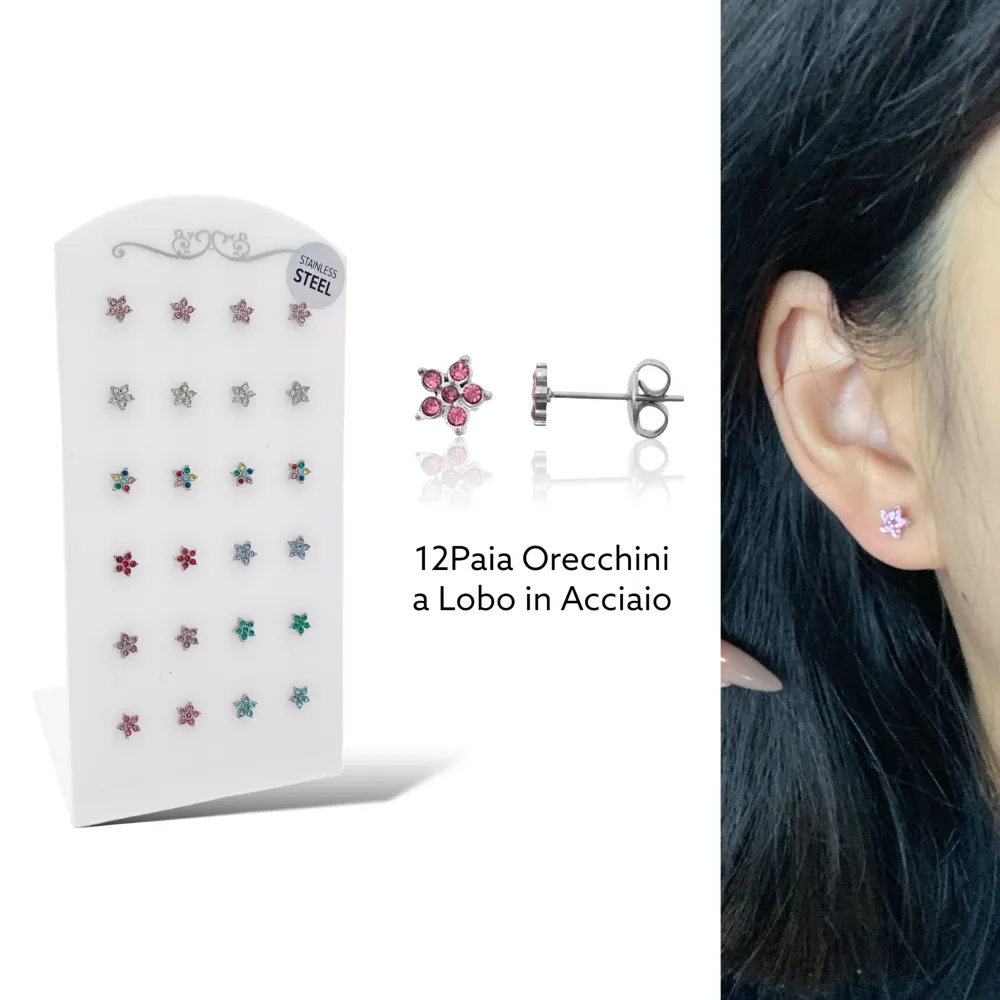 Fiore con Zirconia-12Paia Orecchini a Lobo in Acciaio - OPA-103-AA2554E