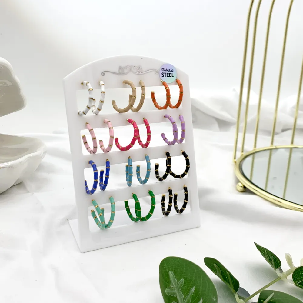 Cerchio Colorato Bambù-12Paia Orecchini in Acciaio - OPA-103-AA3320E