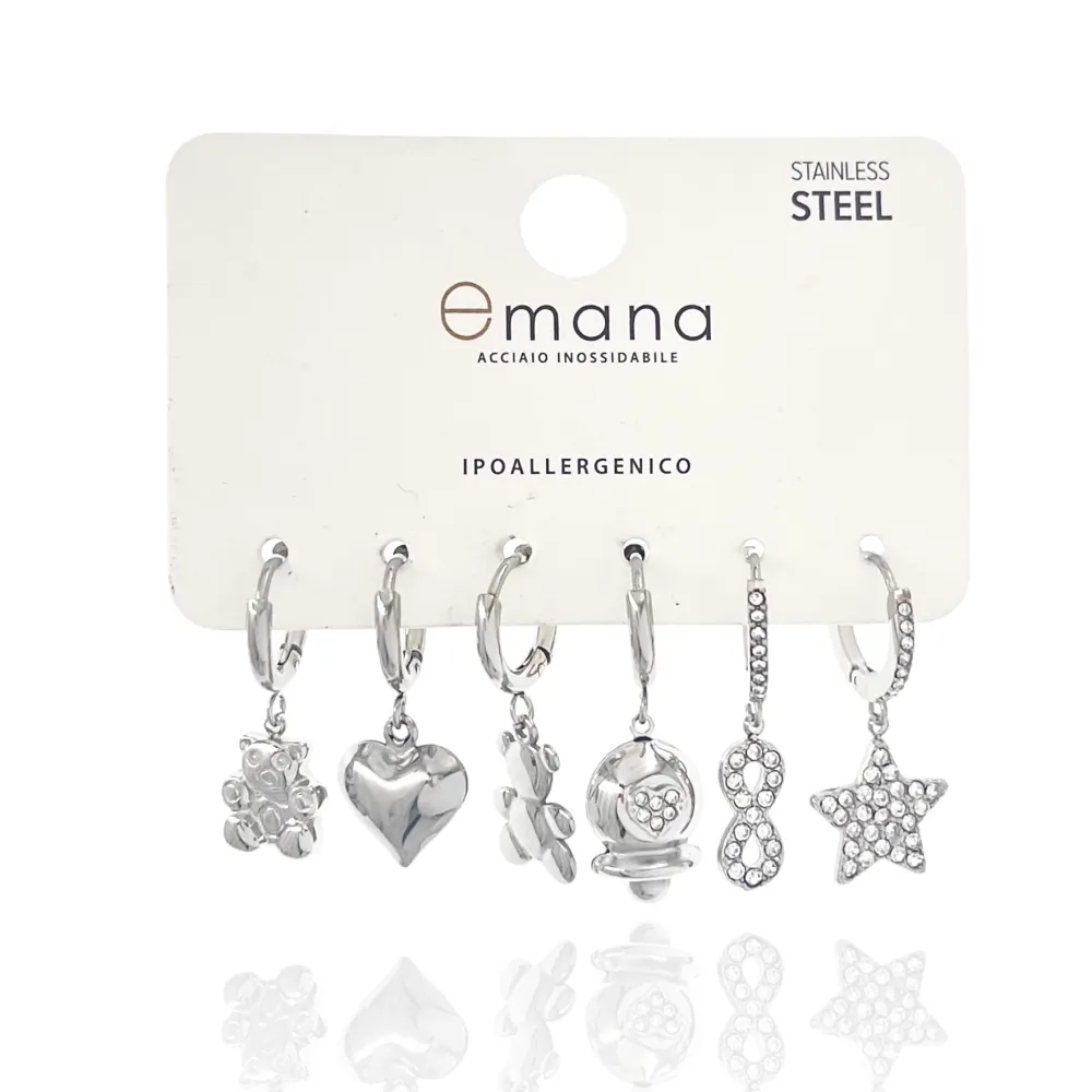 Orsetto Cuore Stella - Set 6pz Orecchini in Acciaio - OPA-103-AA3330E