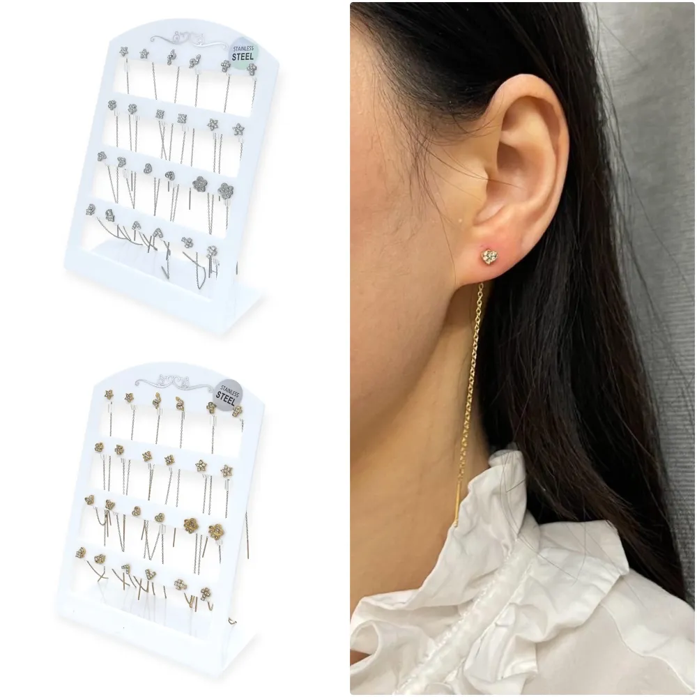 [OPA-103-AA4102E] Mix Soggetti con Strass Saliscendi-12Paia Orecchini in Acciaio - OPA-103-AA4102E (Argento)