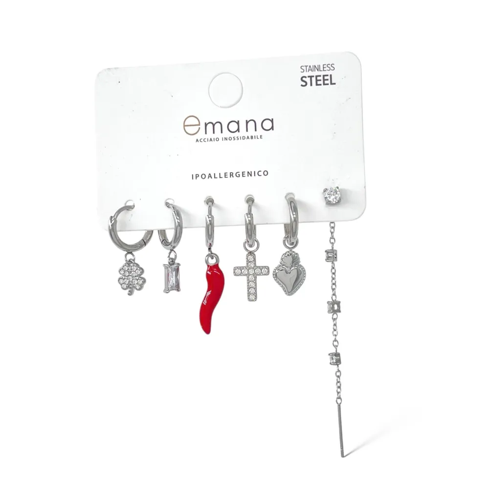 Cornino Sacro Cuore- Set 6pz Orecchini in Acciaio - OPA-103-AA5290E