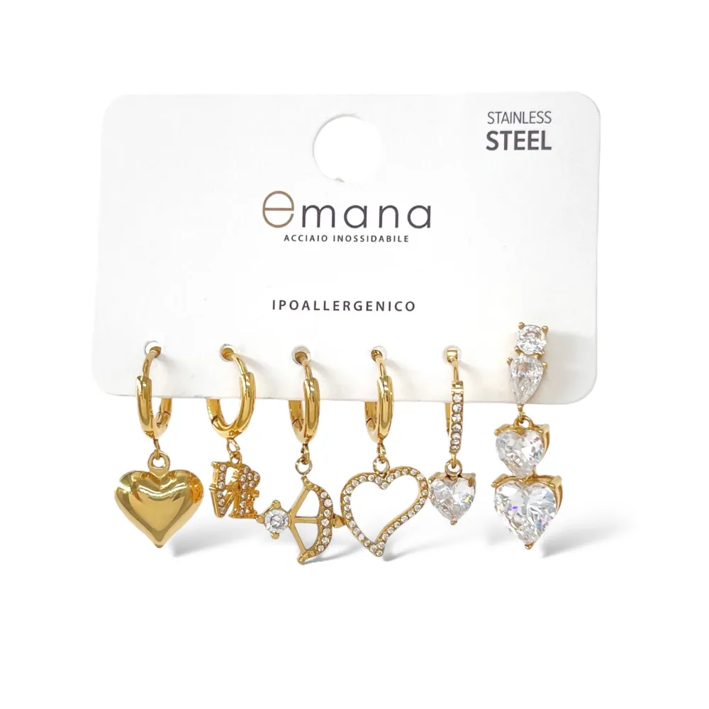 Cuore- Set 6pz Orecchini in Acciaio - OPA-103-AA5291E (Oro Giallo)
