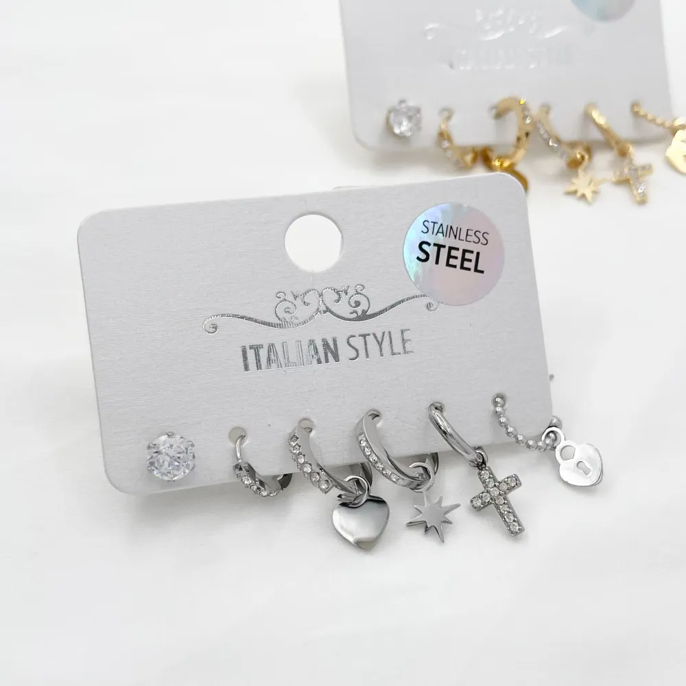 Croce Cuore-Set 6pz Orecchini in Acciaio e Zirconia - OPA-103-AA530E (Argento)