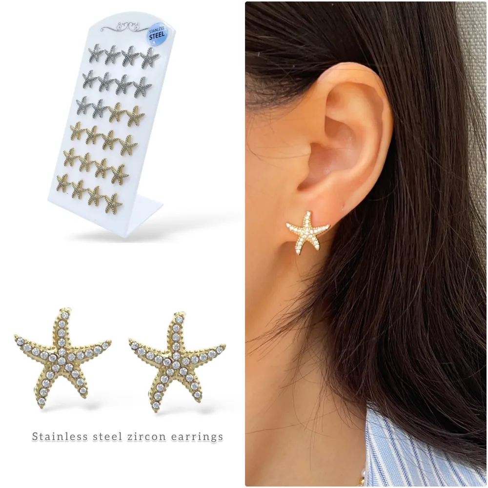 [OPA-103-AA6090E] Stella Marina con Strass-12Paia Orecchini a Lobo in Acciaio - OPA-103-AA6090E