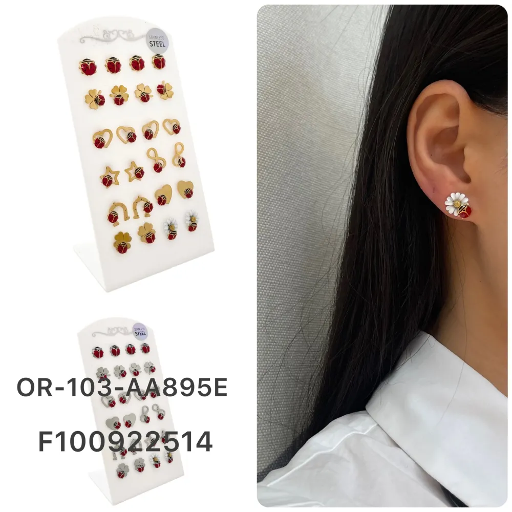 [OPA-103-AA895E] Coccinella Mix-Orecchini a Lobo in Acciaio - OPA-103-AA895E (Oro Giallo)