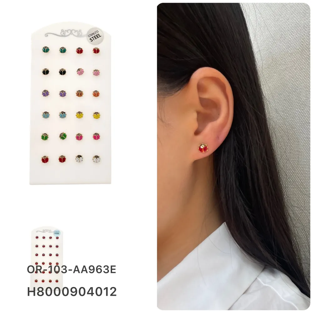 [OPA-103-AA963E] Coccinella Piccola-12Paia Orecchini a Lobo in Acciaio - OPA-103-AA963E (Rosso)
