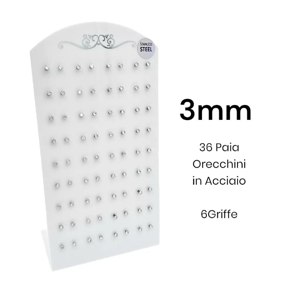 [OPA-107-87 3mm] Punto Luce 3mm 6Griffe-36Paia Orecchini in Acciaio - OPA-107-87 3mm (Argento)