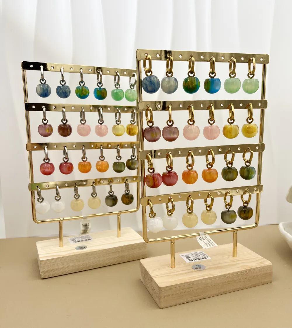 Ciondolo con effetto Pietra-12Paia Orecchini in Acciaio Incluso Espositore - OPA-208-560 (Argento)