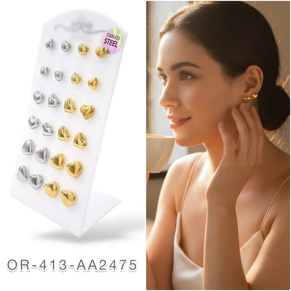 [OR-413-2475] Cuore  Bombato -12Paia Orecchini a Lobo in Acciaio - OPA-413-2475