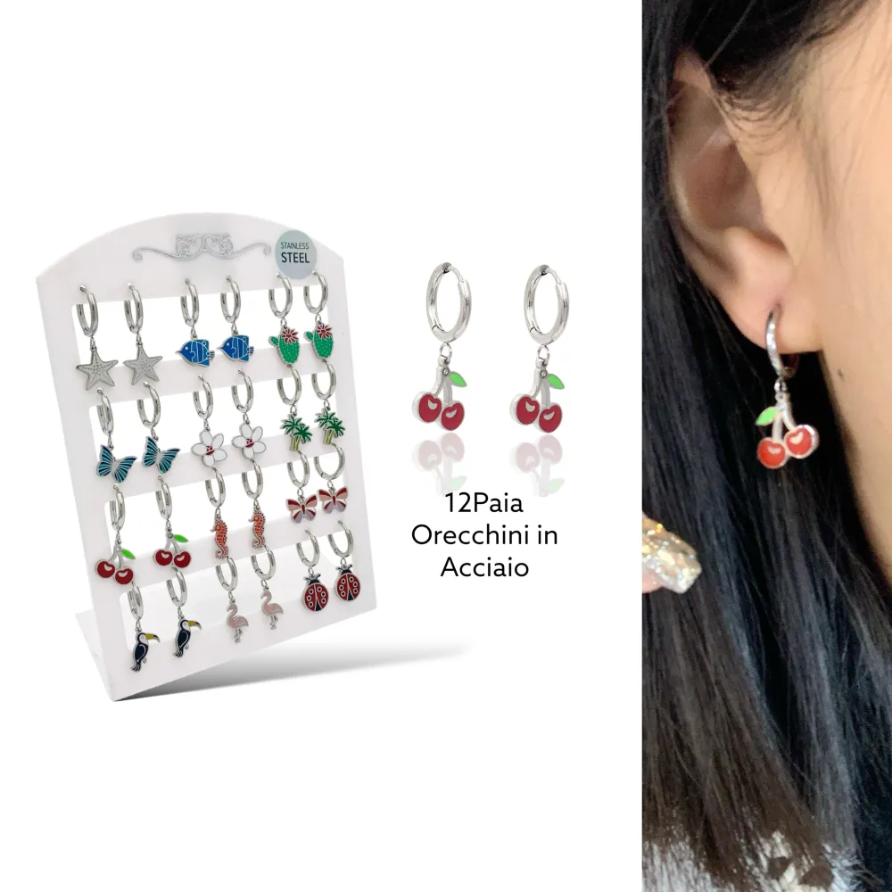 Mix Soggetti Tropocali Smaltato-12Paia Orecchini in Acciaio - OPA-413-983