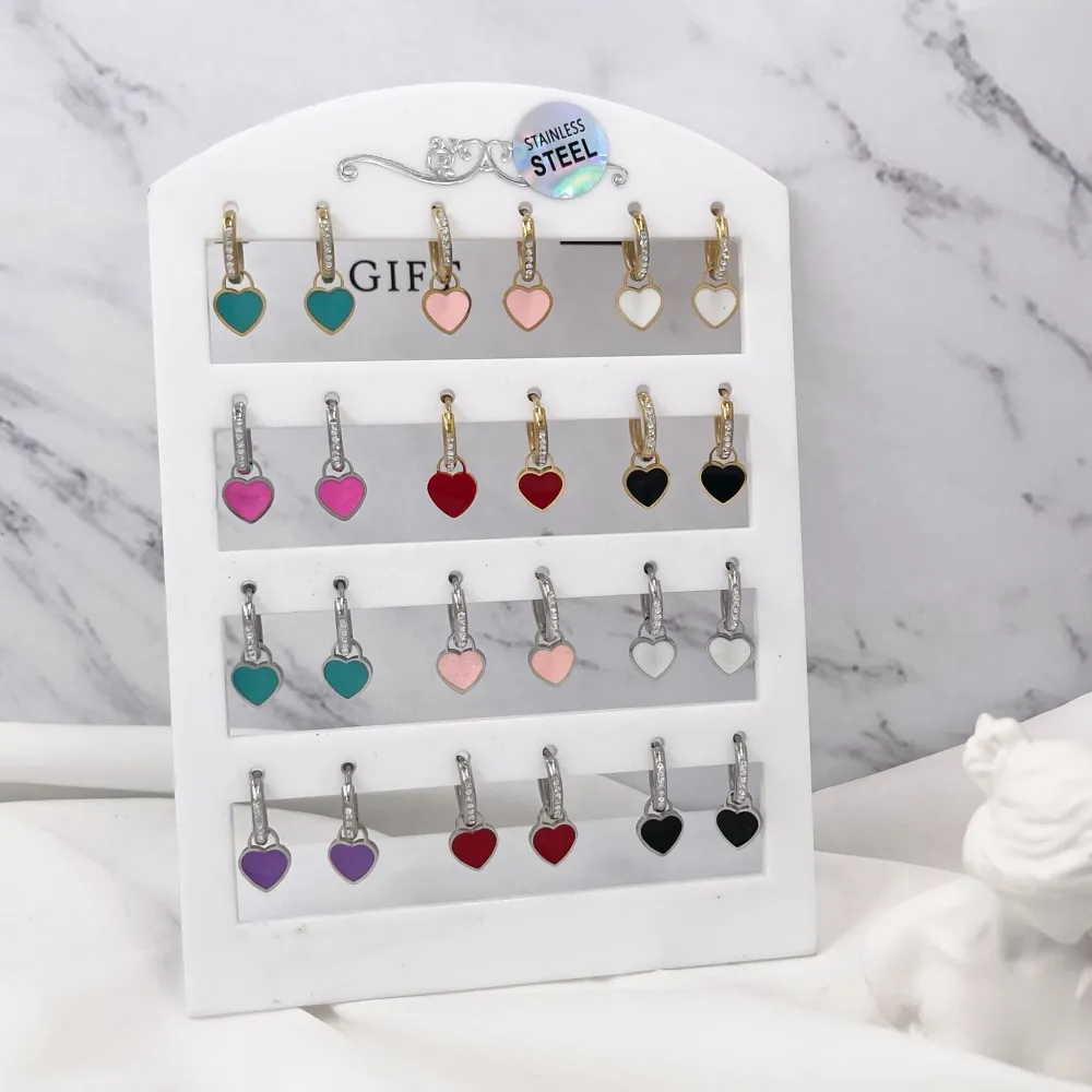 Cerchio con Strass con Cuore-12 Paia Orecchini in Acciaio - OPA-450-546