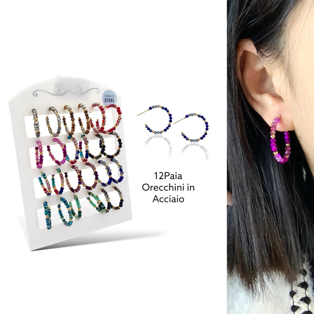 Cerchio con Cristalli-12Paia Orecchini in Acciaio - OPA-732-136 A
