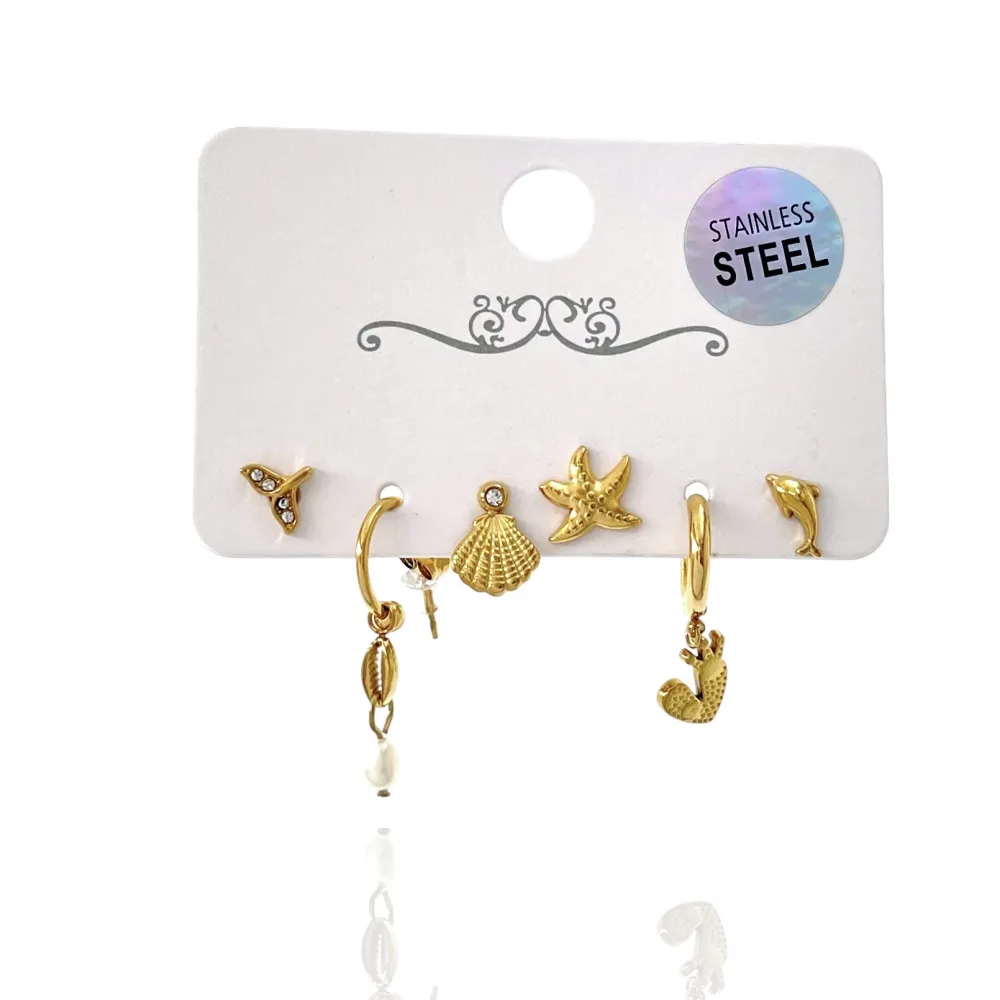 Mare Delfino Conchiglia Stella Marina-Set 6pz Orecchini in Acciaio - OPA-736-10 (Oro Giallo)