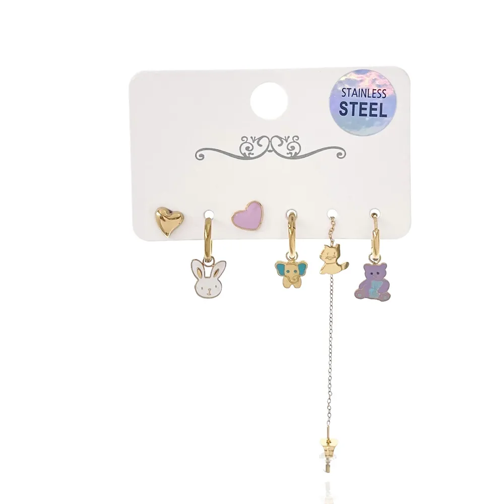 Orsetto Elefantino Coniglio Smaltato-Set 6pz Orecchini in Acciaio - OPA-736-12 (Oro Giallo)