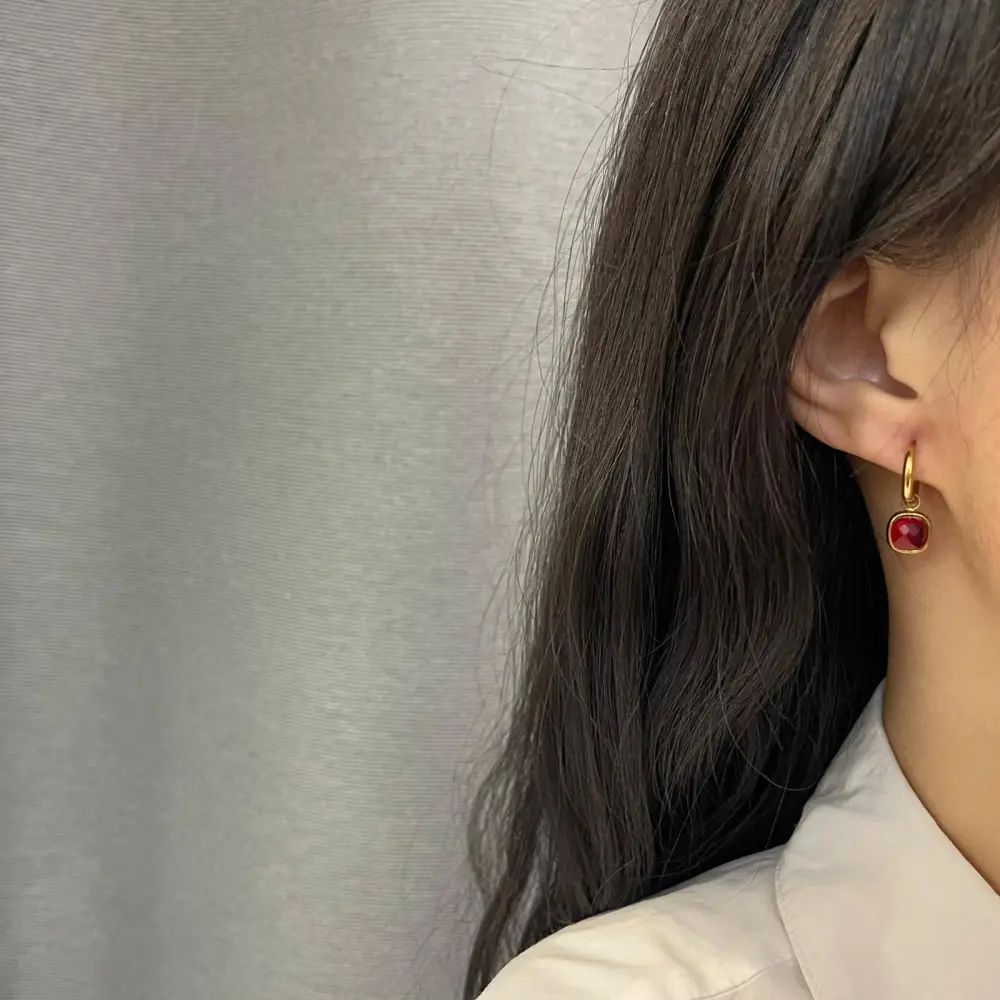 Cerchio con Piedtra Quadrata-12Paia Orecchini in Acciaio - OPA103-AA70E (Oro Giallo)