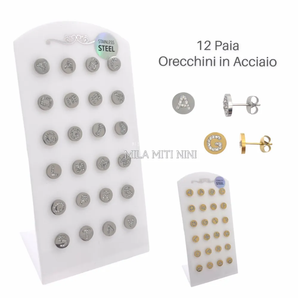 OPA413-692-Iniziale Strass Tondo-12 Paia Orecchini in Acciaio - OPA413-692-Iniziale Strass Tondo-12 Paia Orecchini in Acciaio
