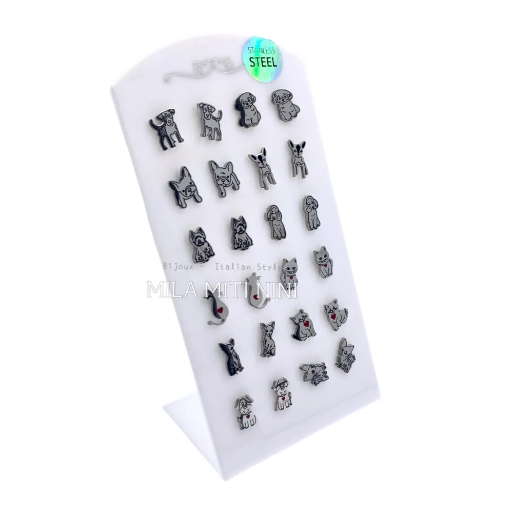 [OPA413-805] Cane Gatto Smaltato-12 Paia Orecchini in Acciaio - OPA413-805
