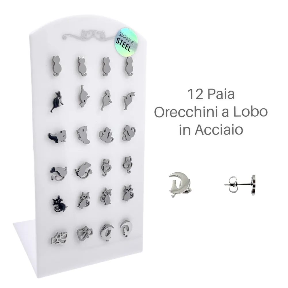 Gatto-12 Paia Orecchini in Acciaio - OPA413-825