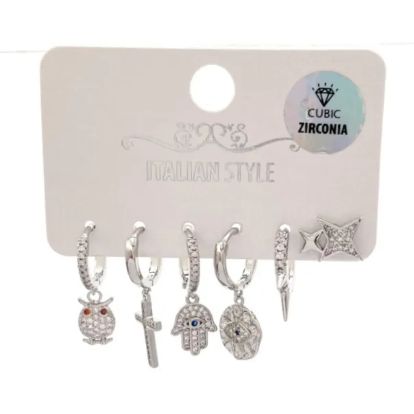 Mano Gufo Croce -Set 6Pz Orecchini con Cubic Zirconia - OPM-109-142 (Argento)