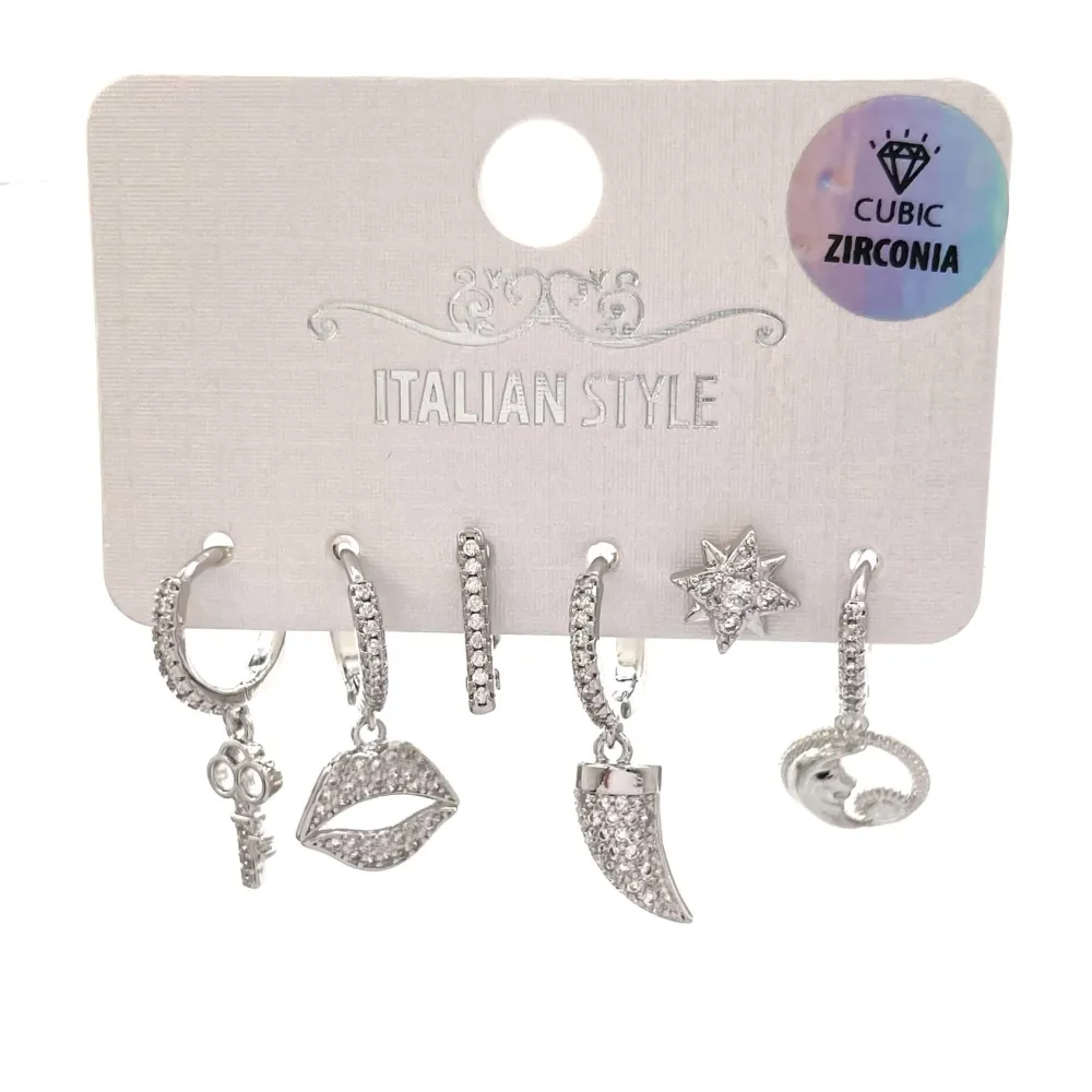Labbra Chiave Cornino -Set 6Pz Orecchini con Cubic Zirconia - OPM-109-147 (Argento)