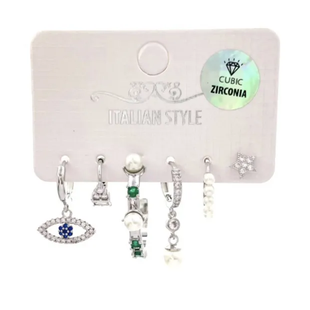 Occhi Perla -Set 6Pz Orecchini con Cubic Zirconia - OPM-109-154 (Argento)