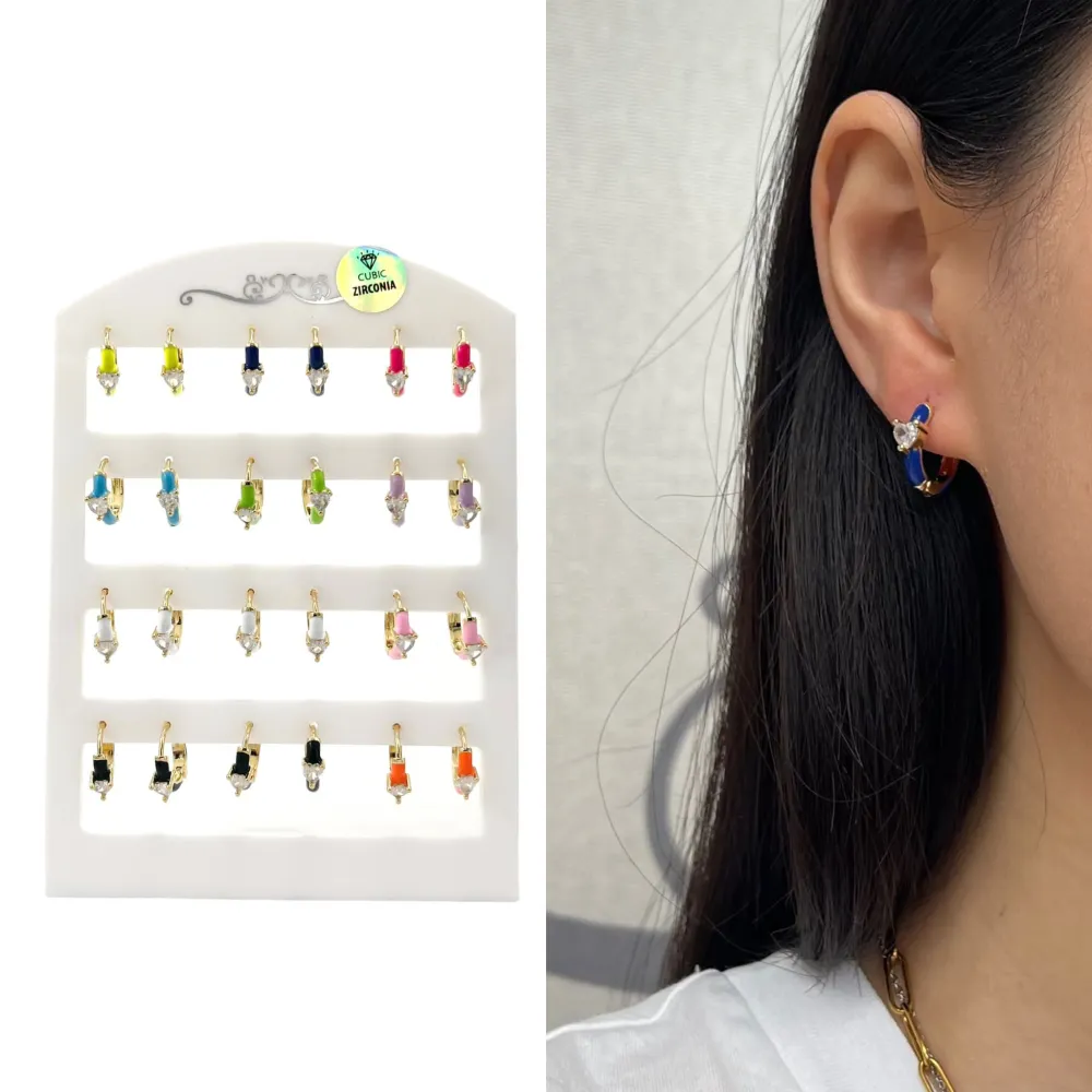 Cerchio Colorato Scuro con Cuore-12 Paia Orecchini con Zirconia - OPM-426-57