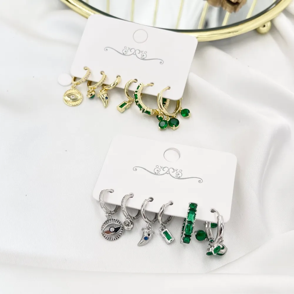 Verde Occhio Cornino-Set Orecchini 6 Pz con Zirconia - OPM-520-L42 (Verde/Argento)