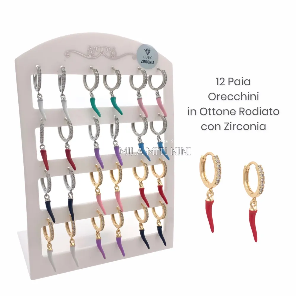 OPM109-Q4-Cerchio con Cornino-12 Paia Orecchini in Acciaio - OPM109-Q4-Cerchio con Cornino-12 Paia Orecchini