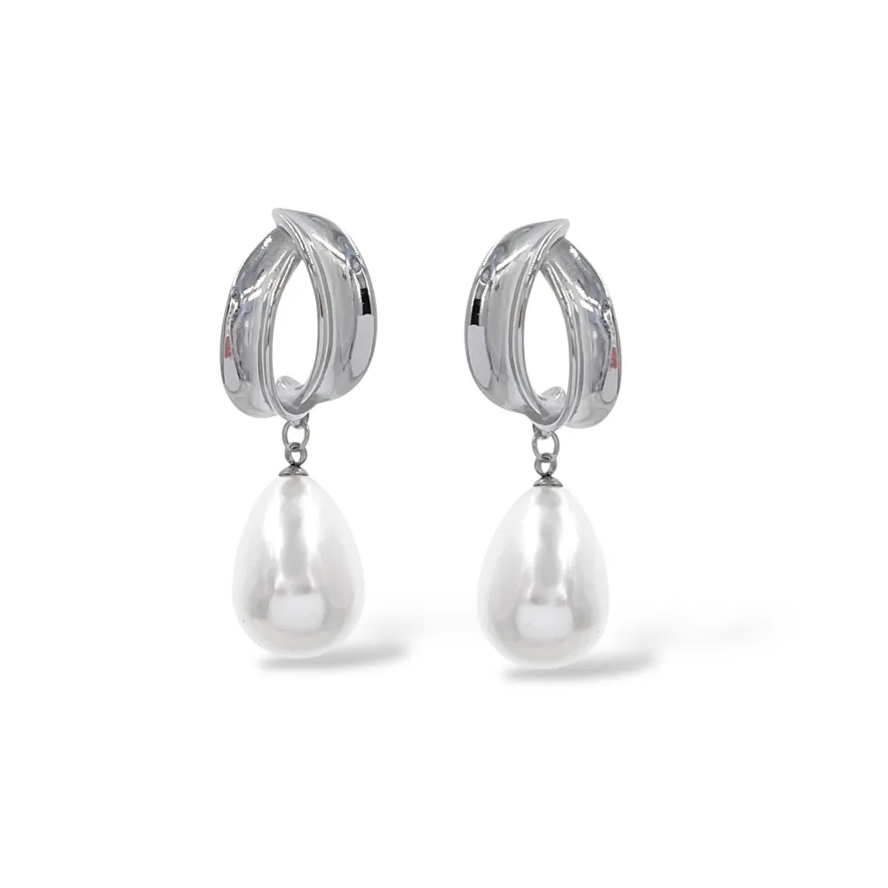 Ovale con Goccia Perla-Orecchini in Acciaio - OR-413-6763