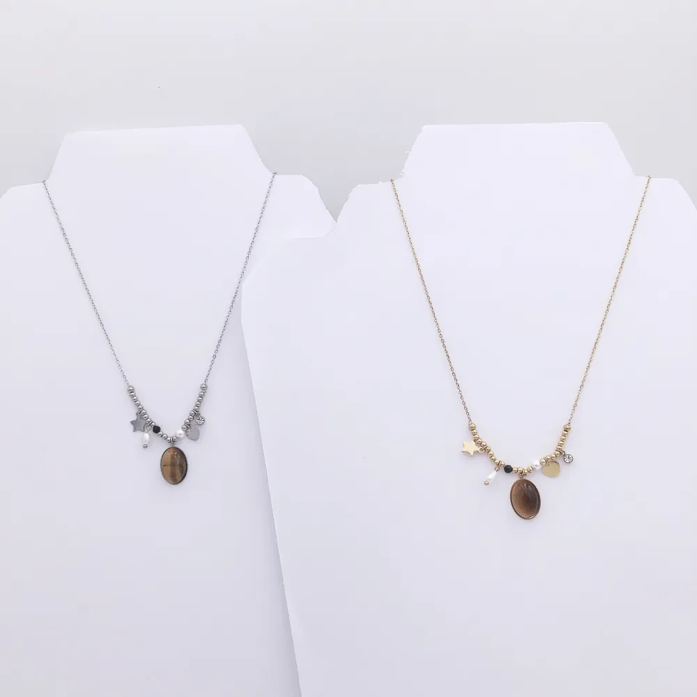 Collana acciaio - Pendente pietra occhi di tigre e perla di fiume 4168  - Collana