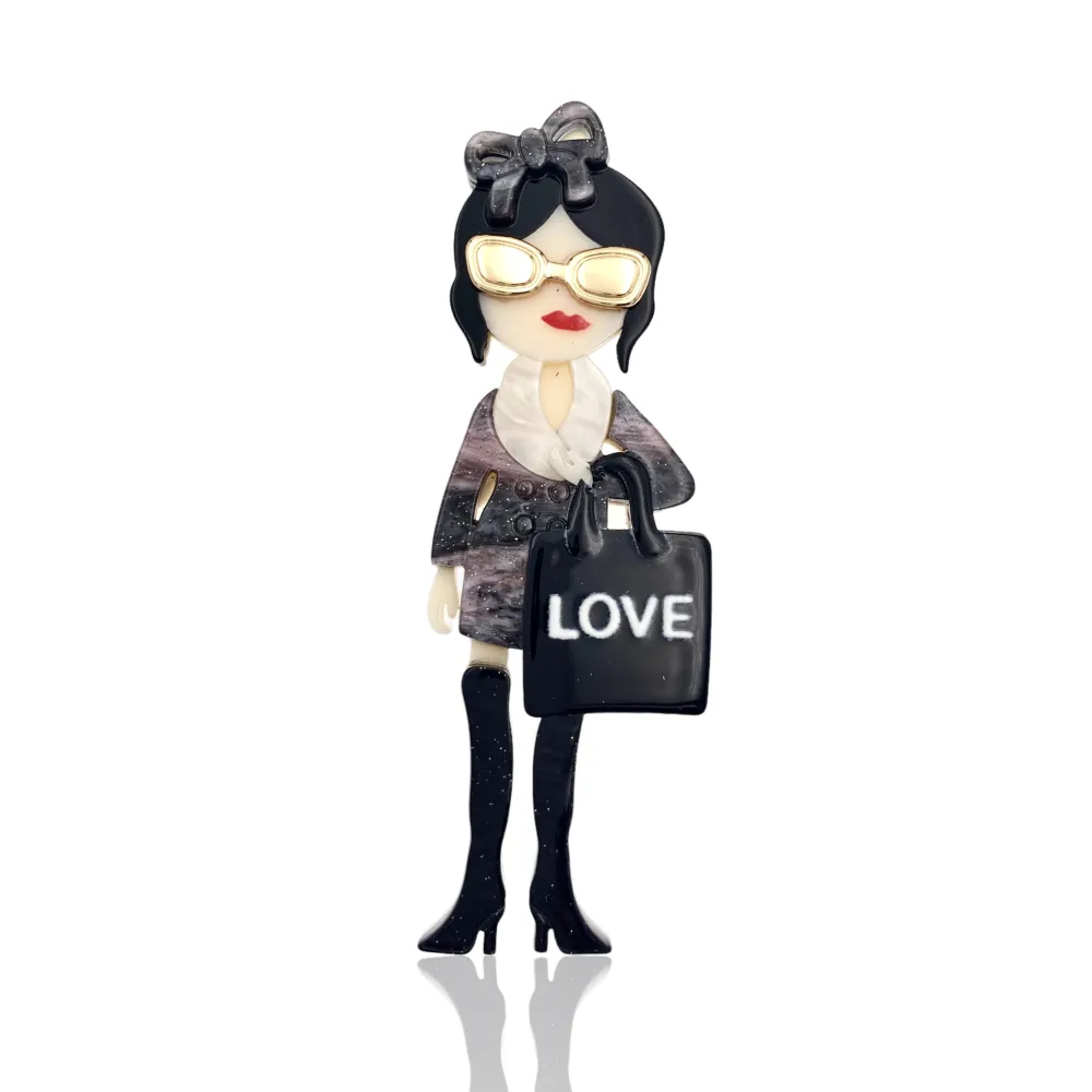 Donna con la Borsa-Spilla Moda in Resina - SPM-1034 (Nero)