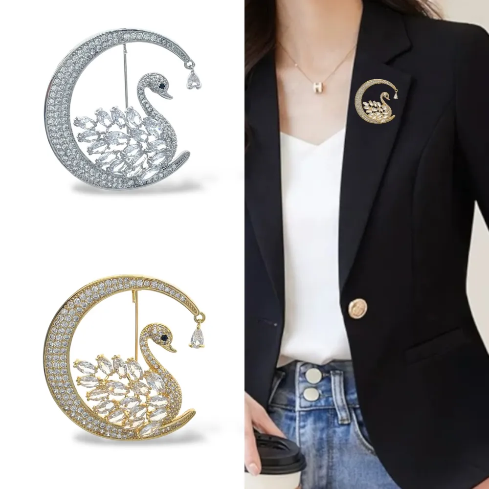 Cigno sulla Luna-Spilla con Zirconia - SPM-506-283 (Argento)
